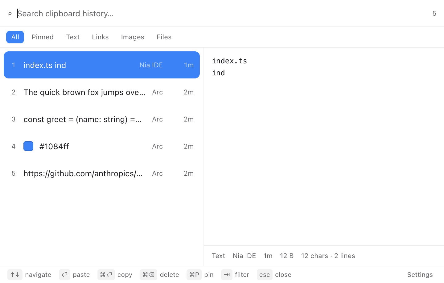The ClipStack panel showing searchable clipboard history with a preview pane and keyboard shortcuts